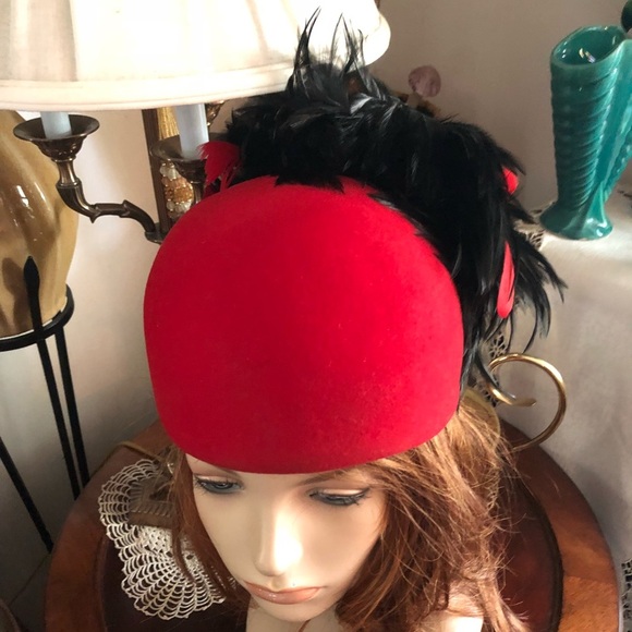 Vintage BOLLMAN Red Wool Cap Hat w Feathers main image 4